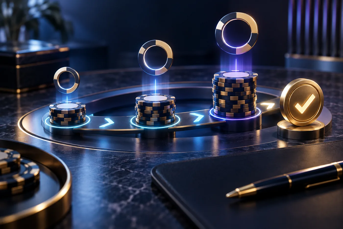 Ruleta, cartas y rueda de juego en un salón oscuro