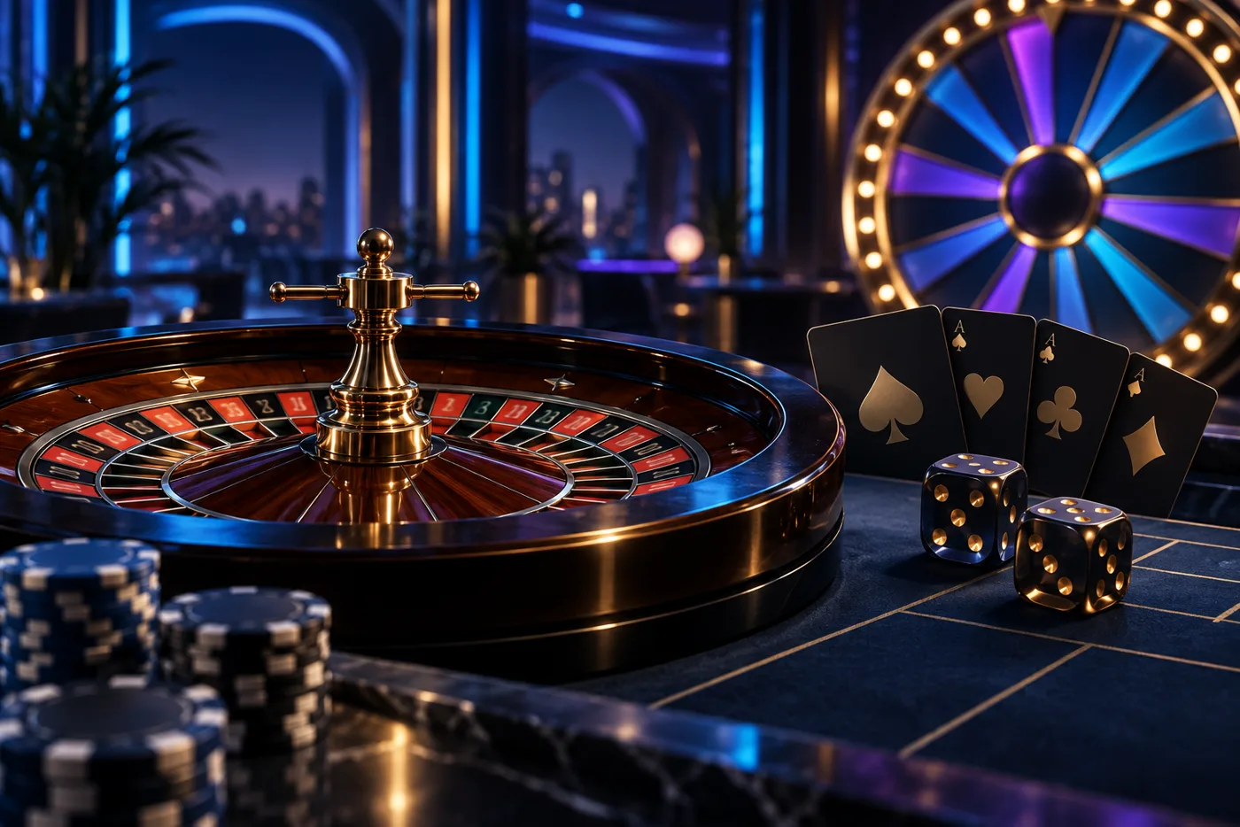Ruleta, cartas y dados en una escena nocturna
