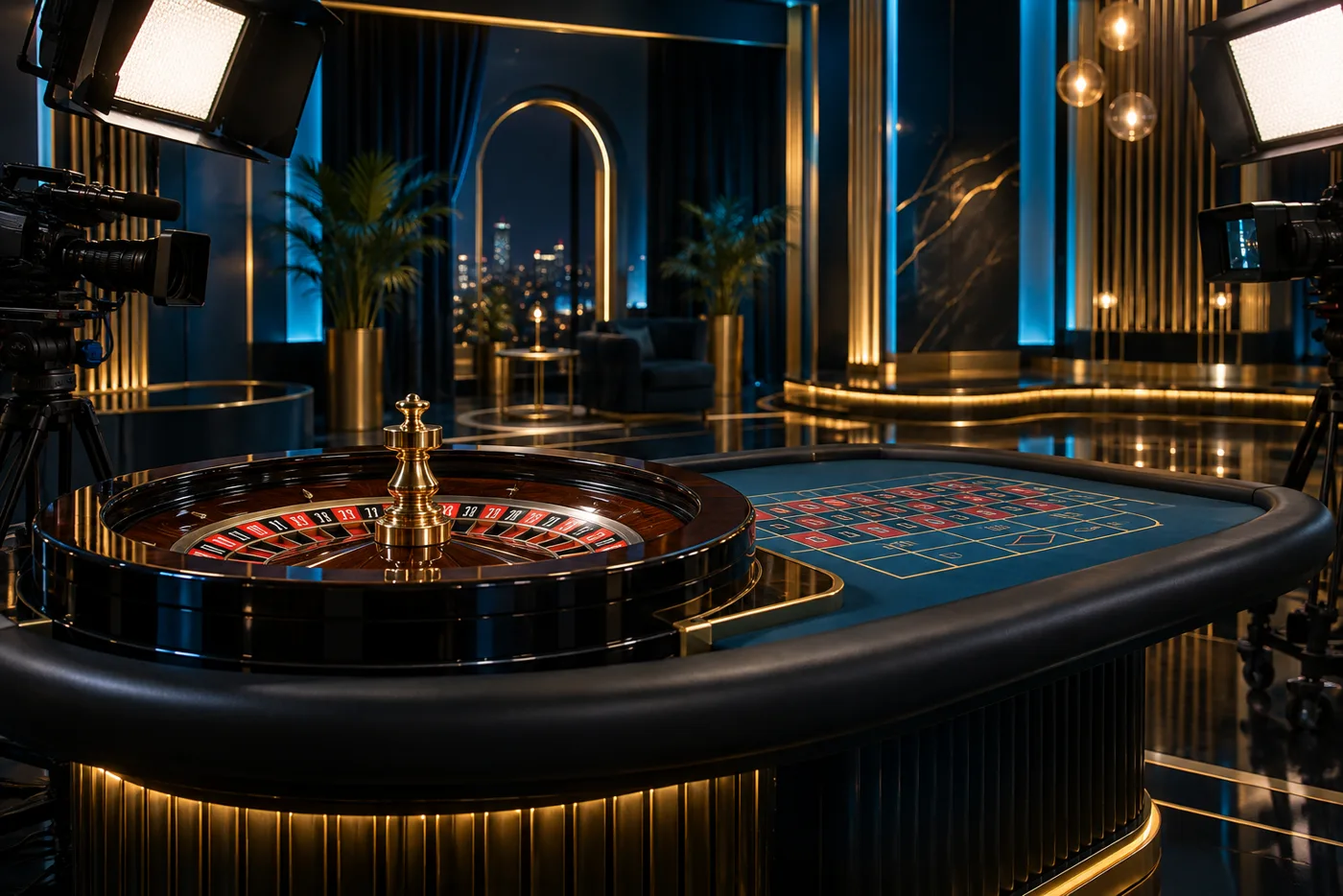 Mesa con ruleta, cartas y rueda de premios