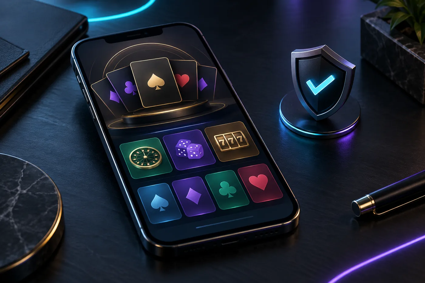 Smartphone con juegos genéricos y un escudo