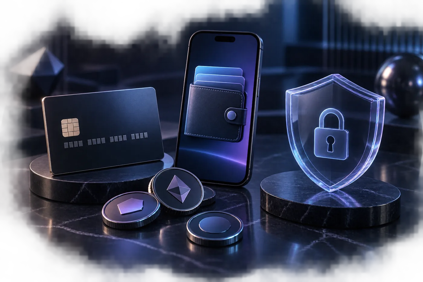 Tarjeta, billetera digital y escudo de seguridad