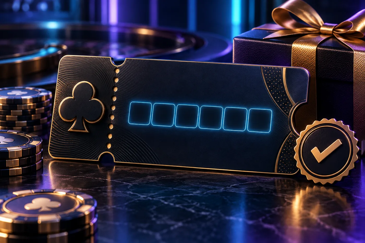 Elementos de casino iluminados en azul y violeta